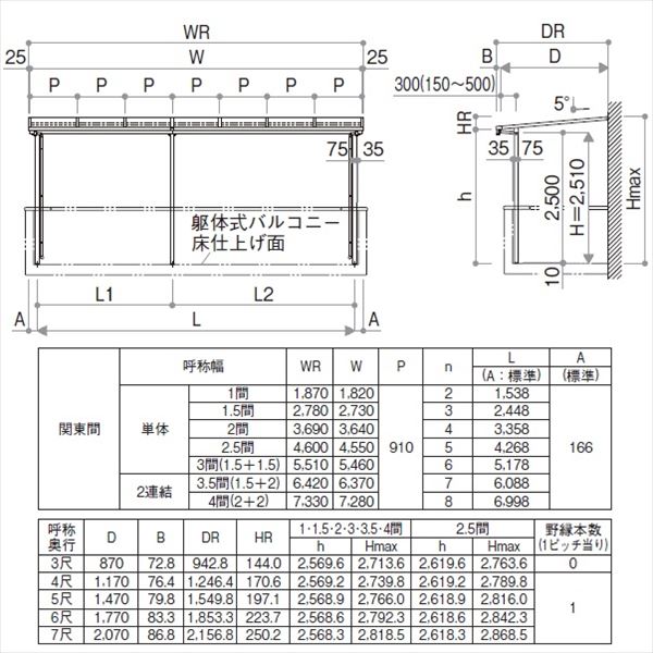 YKK サザンテラス フレームタイプ 2階用 関東間 600N／ｍ2 3間×4尺 （2連結） 熱線遮断ポリカ屋根 後付け 