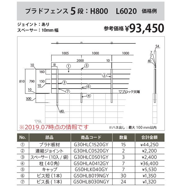 グローベン フェンス　プラドワン コミコミセット ジョイントあり仕様 W6000×H970（6段）　板隙間10mm 『目隠しフェンス　部材　樹脂　DIY』 