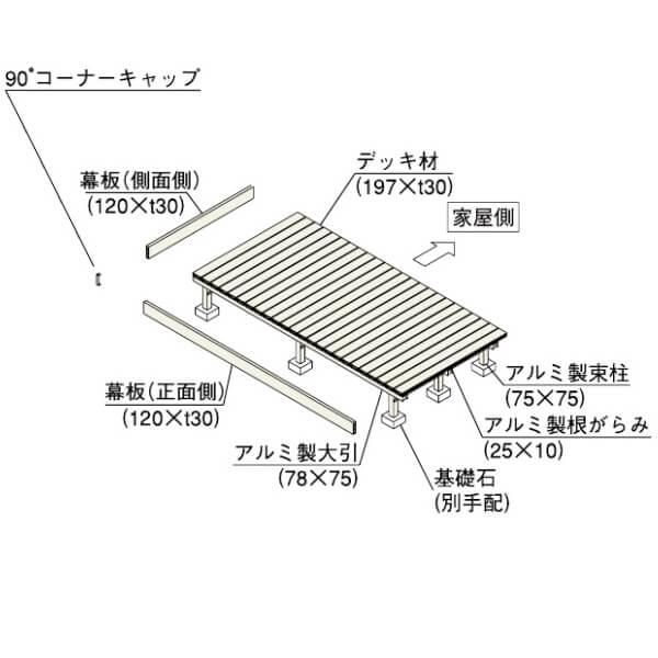 YKK AP リウッドデッキS EG 束柱Cタイプ(固定式) 2連棟セット 間口(W) 3.5間 × 奥行(D) 12尺 高さ200mm 幅6249mm 奥行3620mm 『 YKKAP ウッドデッキ 人工木 樹脂 アルミ DIY キット おしゃれ リウッドデッキ200 EG後継モデル 』 