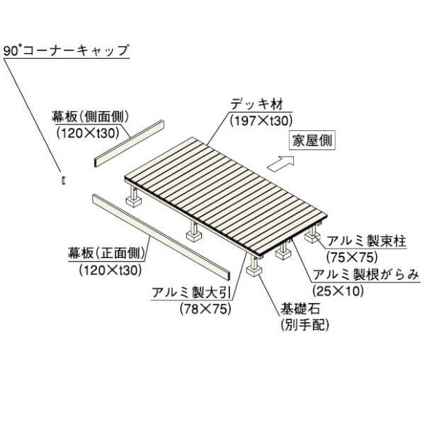 YKK AP リウッドデッキS EG 束柱Tタイプ(調整式) 基本セット 間口(W) 2間 × 奥行(D) 7尺 高さ400～550mm 幅3649mm 奥行2120mm 『 YKKAP ウッドデッキ 人工木 樹脂 アルミ DIY キット おしゃれ リウッドデッキ200 EG後継モデル 』 