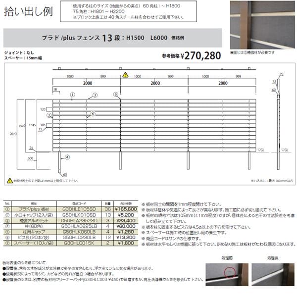 グローベン フェンス　プラドプラス コミコミセット ジョイントあり仕様 W10000×H1275（11段）　板隙間10mm 『目隠しフェンス　部材　樹脂　DIY』 
