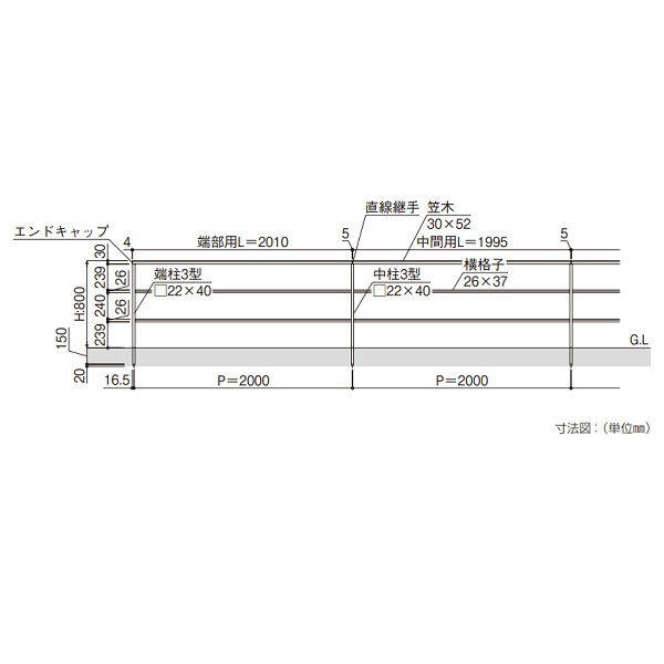 YKK ルシアスフェンスLite A03型(横格子2本) 笠木(直線継手付き) 中間部用 『アルミフェンス 柵 ルシアスフェンスライト』 アルミカラー