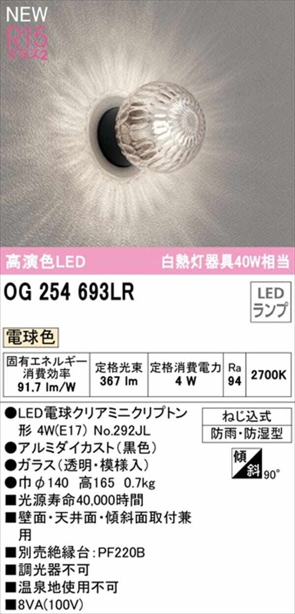 オーデリック ポーチライト R15 クラス2 #OG 254 693LR 電球色 