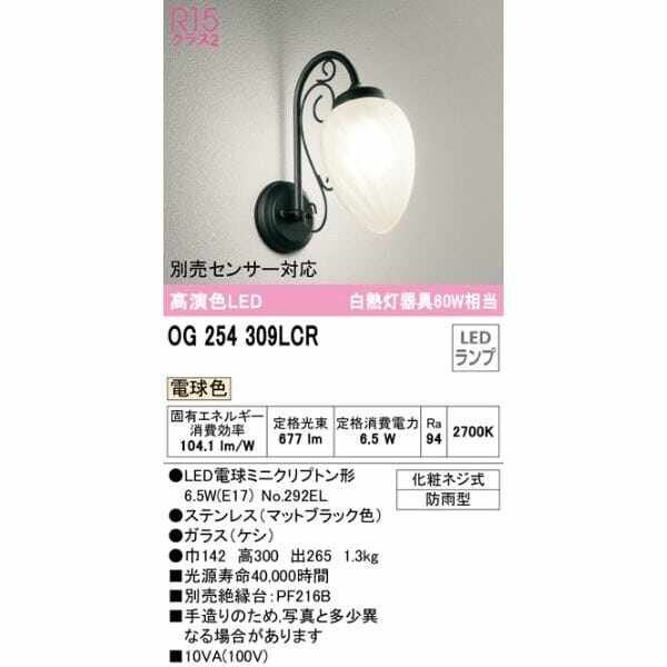 オーデリック ポーチライト R15 クラス2 #OG 254 309LCR 別売センサー対応 電球色 