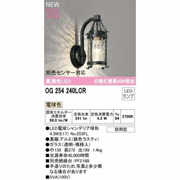 オーデリック ポーチライト R15 クラス2 #OG 254 240LCR 別売センサー対応 電球色 