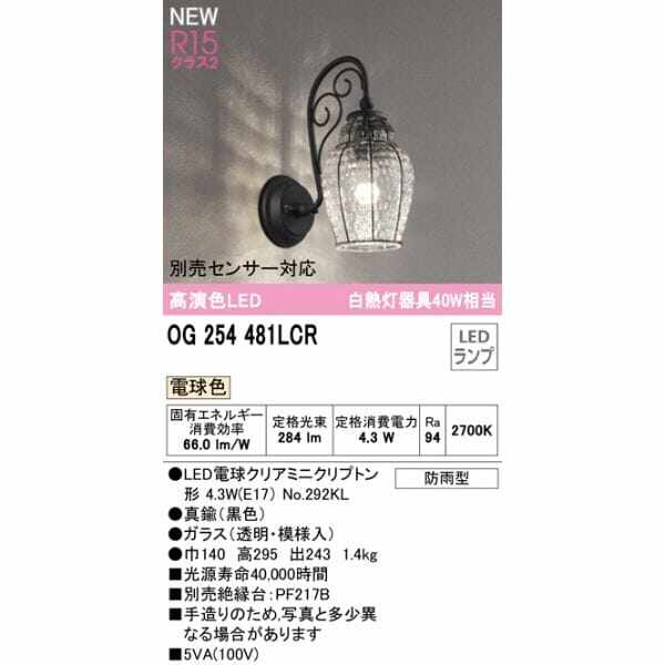 オーデリック ポーチライト R15 クラス2 #OG 254 481LCR 別売センサー対応 電球色 