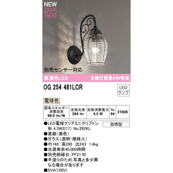 オーデリック ポーチライト R15 クラス2 #OG 254 481LCR 別売センサー対応 電球色 