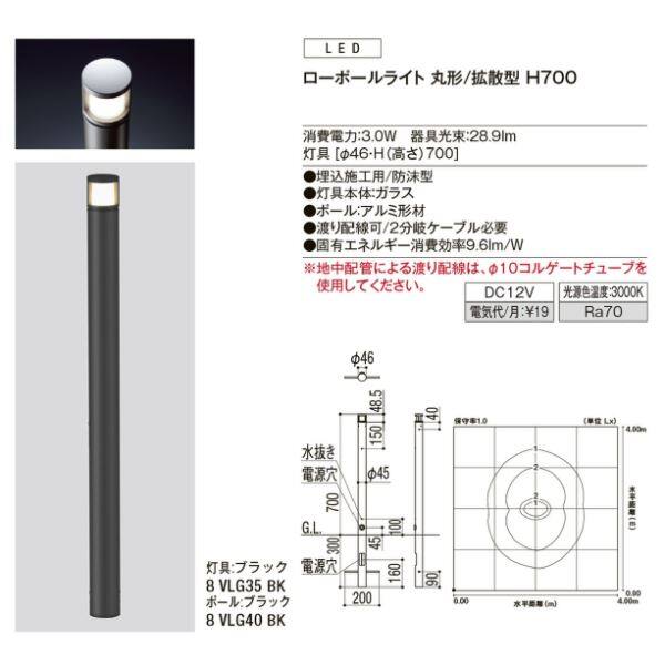 リクシル 12V 美彩 ローポールライト 丸形／拡散型 H700 『ローボルト エクステリア照明』 ポール:ブラック／灯具:ブラック