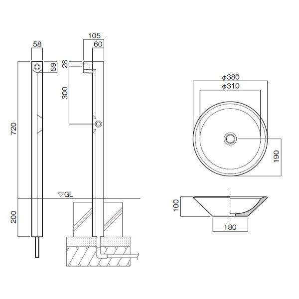 オンリーワン ベベル TC3-SCBV-LG＋マル TC3-GPBVM-LG＋蛇口 I字ハンドル TC3-JA-IBZ＋補助蛇口 I字ハンドル TC3-JA-HIBZ 『立水栓 セット』 ライトグレー