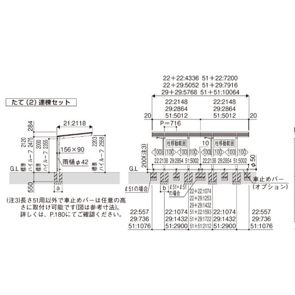 YKK サイクルポート エフルージュ ミニ ファースト 50 たて2連棟セット J22・29-21 標準柱 一般ポリカーボネート板 JDS-F アルミ色