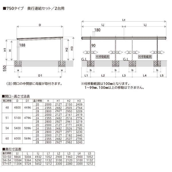 全国配送 YKK ルシアス カーポート 750タイプ 4台用 J50・50-48 H20 奥行連結納まり アルミ屋根 複合カラー