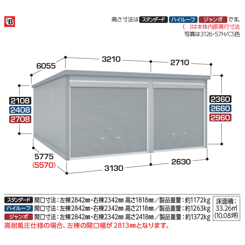 イナバ物置 GARADIA ガレーディア 2連棟 GRN-3126・57H 2台用 一般型 ハイルーフ 