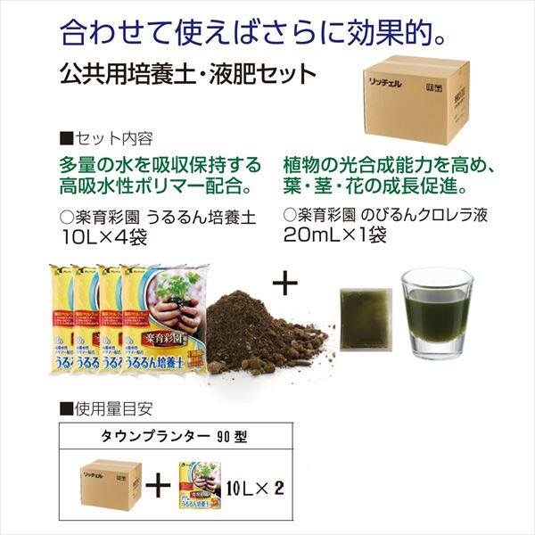 リッチェル タウンプランター 90型 ミリオンストライプ ＋ 楽育彩園 公共用培養土・液肥セット 40 ＋ うるるん培養土10Ｌ×2袋 サンドグレー（ＳＧ）
