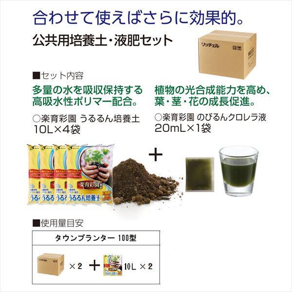 リッチェル タウンプランター 100型 割石積 ＋ 楽育彩園 公共用培養土・液肥セット 40×2箱 ＋ うるるん培養土10Ｌ×2袋 サンドグレー（ＳＧ）