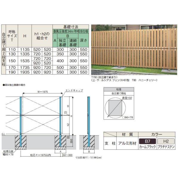 YKK 自立建て用2段支柱 T170 耐風圧強度34m/秒相当（ルシアスフェンスH01型～H04型・H07用） UFE-PD-2-17 