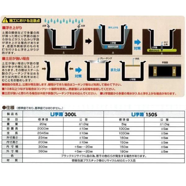 個人宅・現場配送不可  オオハシ 再生プラスチック製U字路 300L 長さ2000mm×幅300mm×深さ200mm 重量20kg ブラック