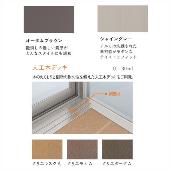 リクシル テラス囲い サニージュ オープン納まり / 600タイプ（積雪20cm） / 関東間 / 標準タイプ / 1.5間×6尺 / 長尺柱仕様 / 床材：人工木タイプ仕様 / 屋根材：熱線吸収ポリカーボネート（クリアマットS） 