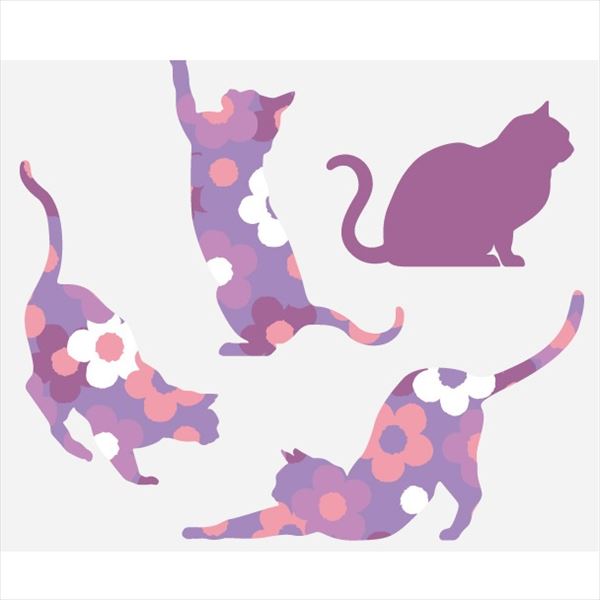 東京ステッカー 高級ウォールステッカー 動物 フローラル・キャッツ Sサイズ ＊TS0021-BS パープル 『おしゃれ かわいい』 『壁 シール』 