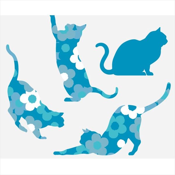 東京ステッカー 高級ウォールステッカー 動物 フローラル・キャッツ Sサイズ ＊TS0021-DS ブルー 『おしゃれ かわいい』 『壁 シール』 