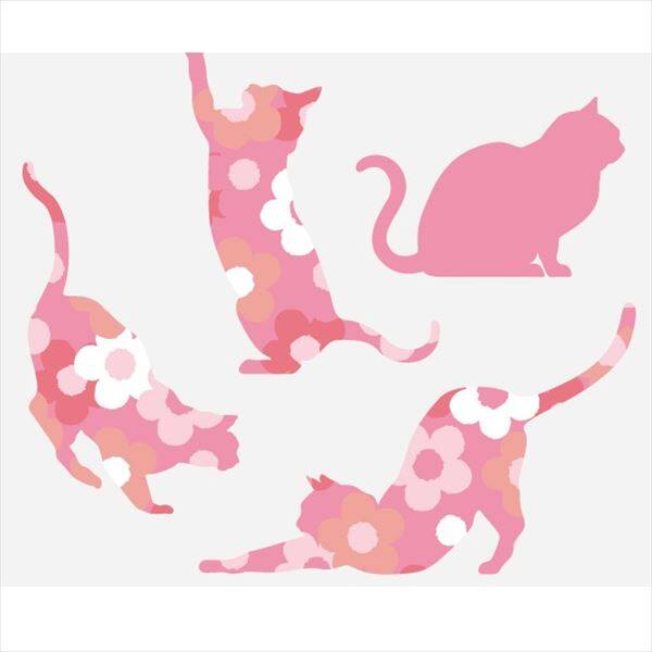 東京ステッカー 高級ウォールステッカー 動物 フローラル・キャッツ Sサイズ ＊TS0021-ES ピンク 『おしゃれ かわいい』 『壁 シール』 