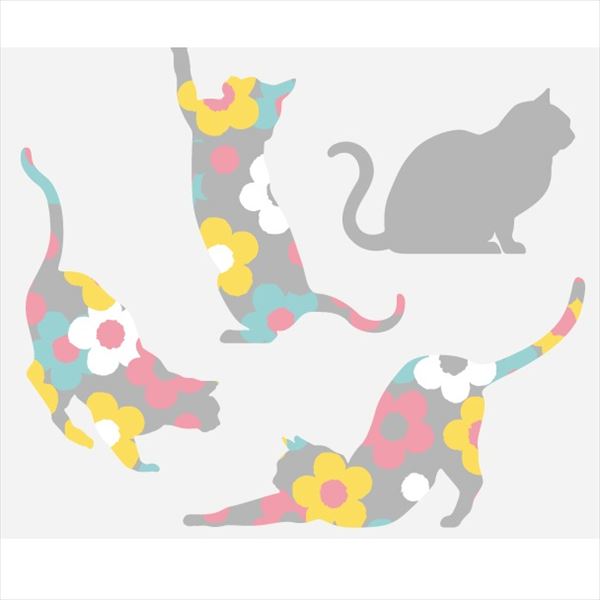 東京ステッカー 高級ウォールステッカー 動物 フローラル・キャッツ Mサイズ ＊TS0021-AM グレー 『おしゃれ かわいい』 『壁 シール』 