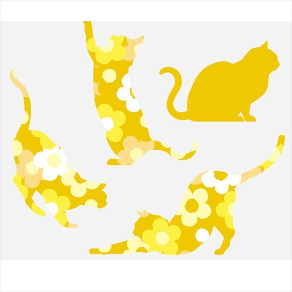 東京ステッカー 高級ウォールステッカー 動物 フローラル・キャッツ Lサイズ ＊TS0021-CL イエロー 『おしゃれ かわいい』 『壁 シール』 