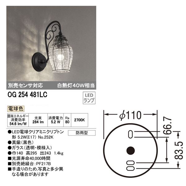 オーデリック ポーチライト # OG 254 481LCR 別売センサ対応 
