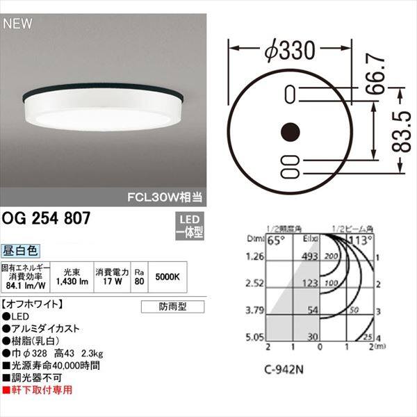 オーデリック 軒下用シーリングダウンライト FLAT PLATE FLC30ｗクラス 非調光タイプ オフホワイト # OG 254 807 昼白色 