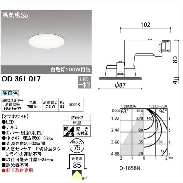 オーデリック 軒下用ベースダウンライト 白熱灯100wクラス φ75サイズ 非調光タイプ オフホワイト # OD 361 017 昼白色 