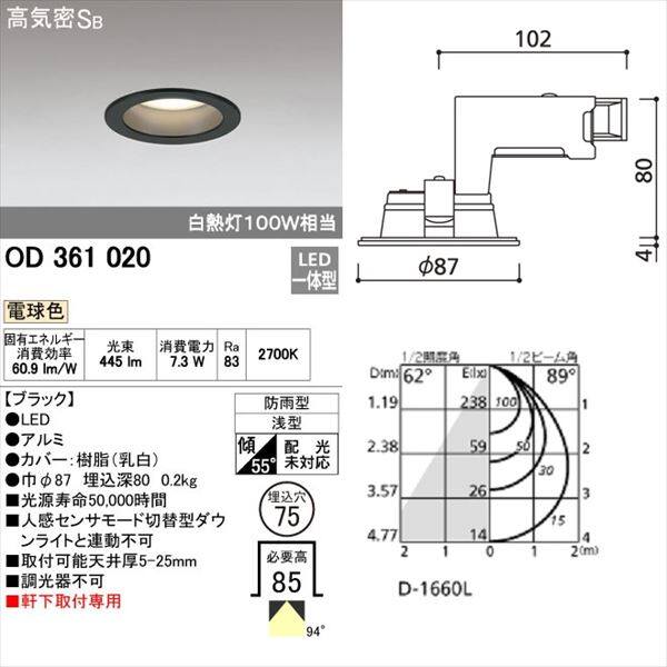 オーデリック 軒下用ベースダウンライト 白熱灯100wクラス φ75サイズ 非調光タイプ ブラック # OD 361 020 電球色 