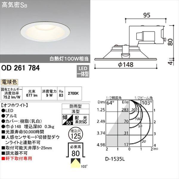 オーデリック 軒下用ベースダウンライト 白熱灯100wクラス φ125サイズ 非調光タイプ オフホワイト # OD 261 784 電球色 