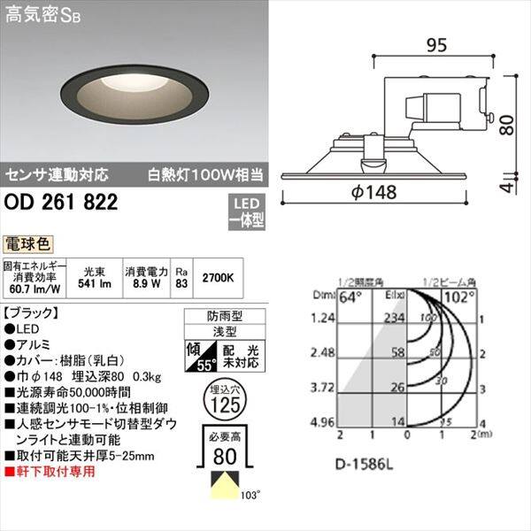 オーデリック 軒下用ベースダウンライト 白熱灯100wクラス φ125サイズ センサ連動対応タイプ ブラック # OD 261 822 電球色 