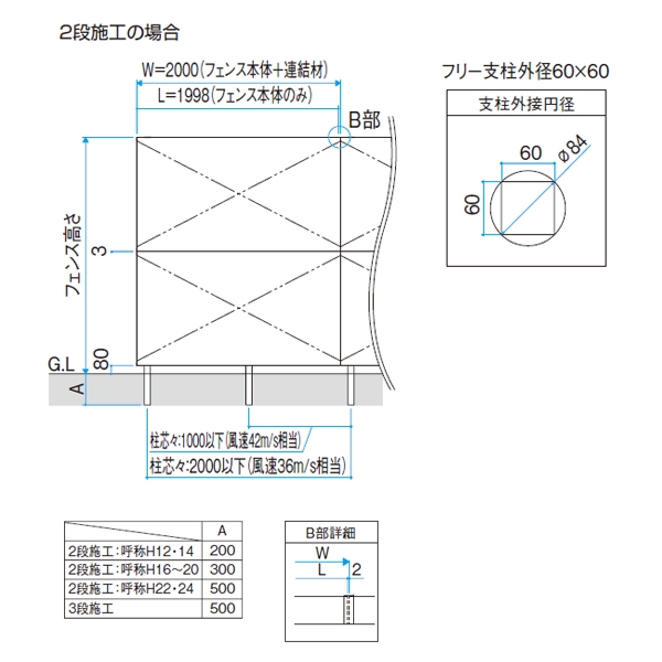 三協アルミ レジリア 2段フリー支柱 H22 60角支柱 『YL2型は取付不可』 『アルミフェンス 柵 』 