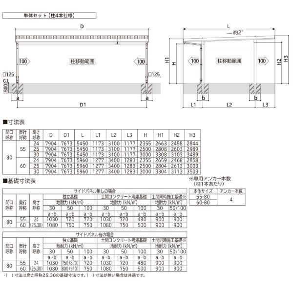 【商品のみ】カーポート 3台用 YKK YKKAP ジーポート Pro 900タイプ 横材なし 明かり取りなし 単体柱4本 55-80 H24 アルミ色