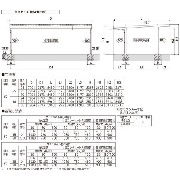 全国配送 YKK YKKAP ジーポート Pro 1500タイプ カーポート 3台用 横材なし 明かり取りなし 単体柱4本 55-80 H24 アルミ色