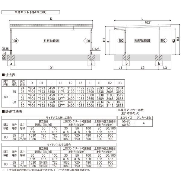 【商品のみ】カーポート 3台用 YKK YKKAP ジーポート Pro 1500タイプ 横材なし 明かり取りなし 単体柱4本 55-80 H25(凍上柱) 木調色