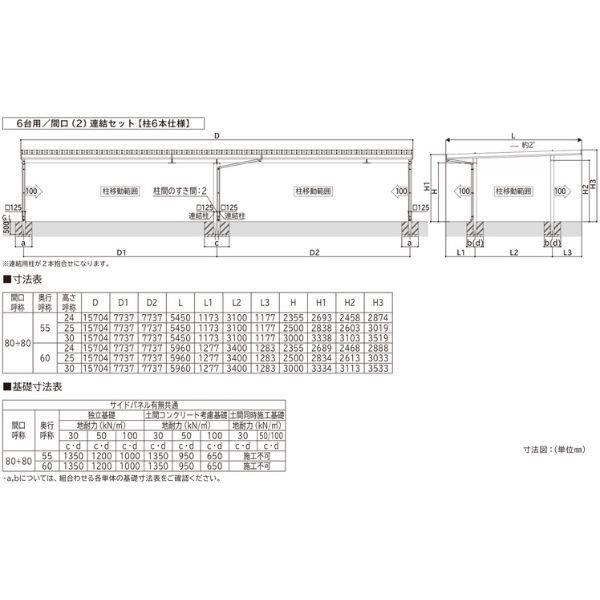 【商品のみ】カーポート 6台用 YKK YKKAP ジーポート Pro 1500タイプ  横材なし 明かり取りなし 間口(2)連結柱6本 M55-80･80 H25 木調色