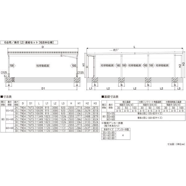 【商品のみ】カーポート 6台用 YKK YKKAP ジーポート Pro 1500タイプ  横材なし 明かり取りなし 奥行(2)連結柱8本 J55･60-80 H25(凍上柱) アルミ色