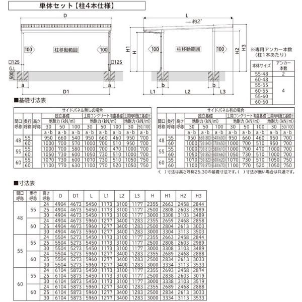 【商品のみ】カーポート 2台用 YKK YKKAP ジーポート Pro 3000タイプ  横材なし 明かり取りなし 単体柱4本 55-60 H25(凍上柱) アルミ色