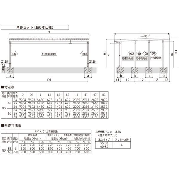 【商品のみ】カーポート 3台用 YKK YKKAP ジーポート Pro 3000タイプ 横材なし 明かり取りなし 単体柱8本 55-80 H30 アルミ色
