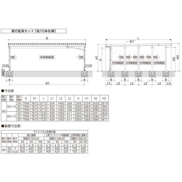 【商品のみ】カーポート 3台用 YKK YKKAP ジーポート Pro 3000タイプ 横材なし 明かり取りなし 奥行延長柱10本 J60･12-80 H30 アルミ色
