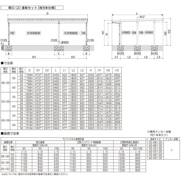 【商品のみ】カーポート 3台用 YKK YKKAP ジーポート Pro 3000タイプ 横材なし 明かり取りなし 間口(2)連結柱9本 M60-48･30 H25(凍上柱) アルミ色