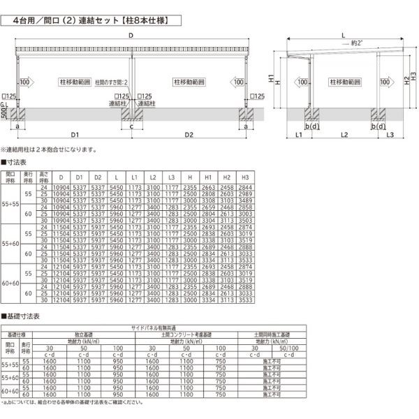 【商品のみ】カーポート 4台用 YKK YKKAP ジーポート Pro 3000タイプ  横材なし 明かり取りなし 間口(2)連結柱6本 M55-55･55 H23 アルミ色