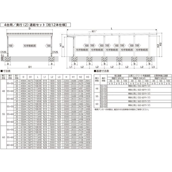 【商品のみ】カーポート 4台用 YKK YKKAP ジーポート Pro 3000タイプ  横材なし 明かり取りなし 奥行(2)連結柱12本 J55･60-60 H25(凍上柱) 木調色