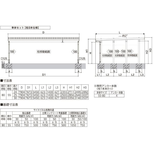 【商品のみ】カーポート 3台用 YKK YKKAP ジーポート Pro 4500タイプ 横材なし 明かり取りなし 単体柱8本 55-80 H25(凍上柱) アルミ色