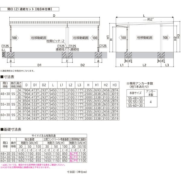 【商品のみ】カーポート 3台用 YKK YKKAP ジーポート Pro 4500タイプ 横材なし 明かり取りなし 間口(2)連結柱6本 M55-60･30 H23 アルミ色