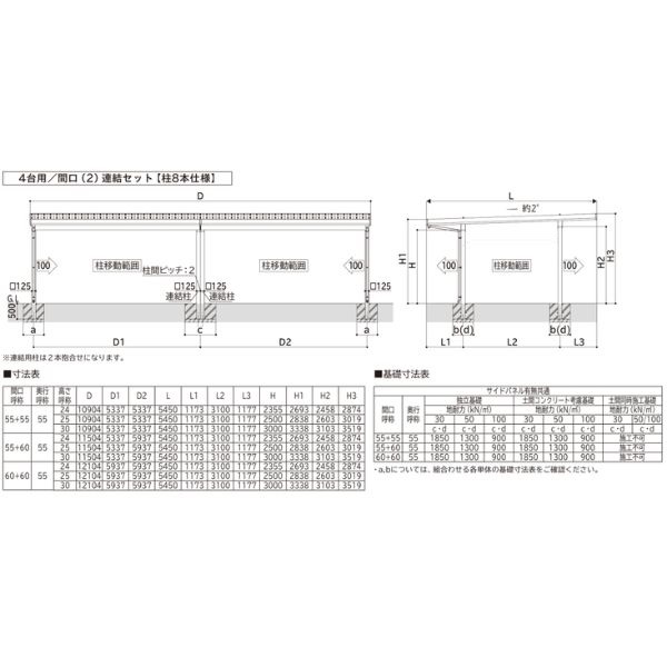 【商品のみ】カーポート 4台用 YKK YKKAP ジーポート Pro 4500タイプ  横材なし 明かり取りなし 間口(2)連結柱6本(梁2列) M55-55･60 H25(凍上柱) アルミ色