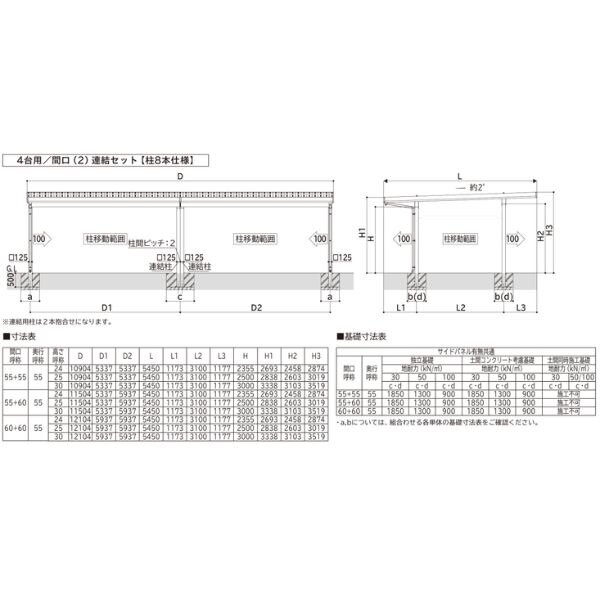 【商品のみ】カーポート 4台用 YKK YKKAP ジーポート Pro 4500タイプ  横材なし 明かり取りなし 間口(2)連結柱6本(梁2列) M55-55･55 H30 木調色