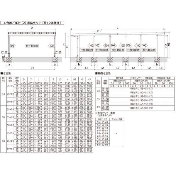【商品のみ】カーポート 4台用 YKK YKKAP ジーポート Pro 4500タイプ  横材なし 明かり取りなし 奥行(2)連結柱12本 J55･60-60 H30 木調色