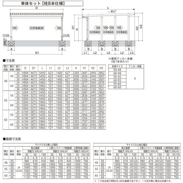 【商品のみ】カーポート 2台用 YKK YKKAP ジーポート Pro 6000タイプ  横材なし 明かり取りなし 単体柱8本 60-55 H24 アルミ色